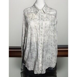 AVA & VIV White Gray Floral Button Down Shirt Relaxed Fit Long Sleeve 3X Rayon